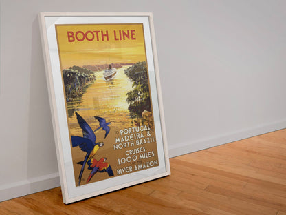 Booth Line Amazon River Cruises poster in a white frame leaning against a wall