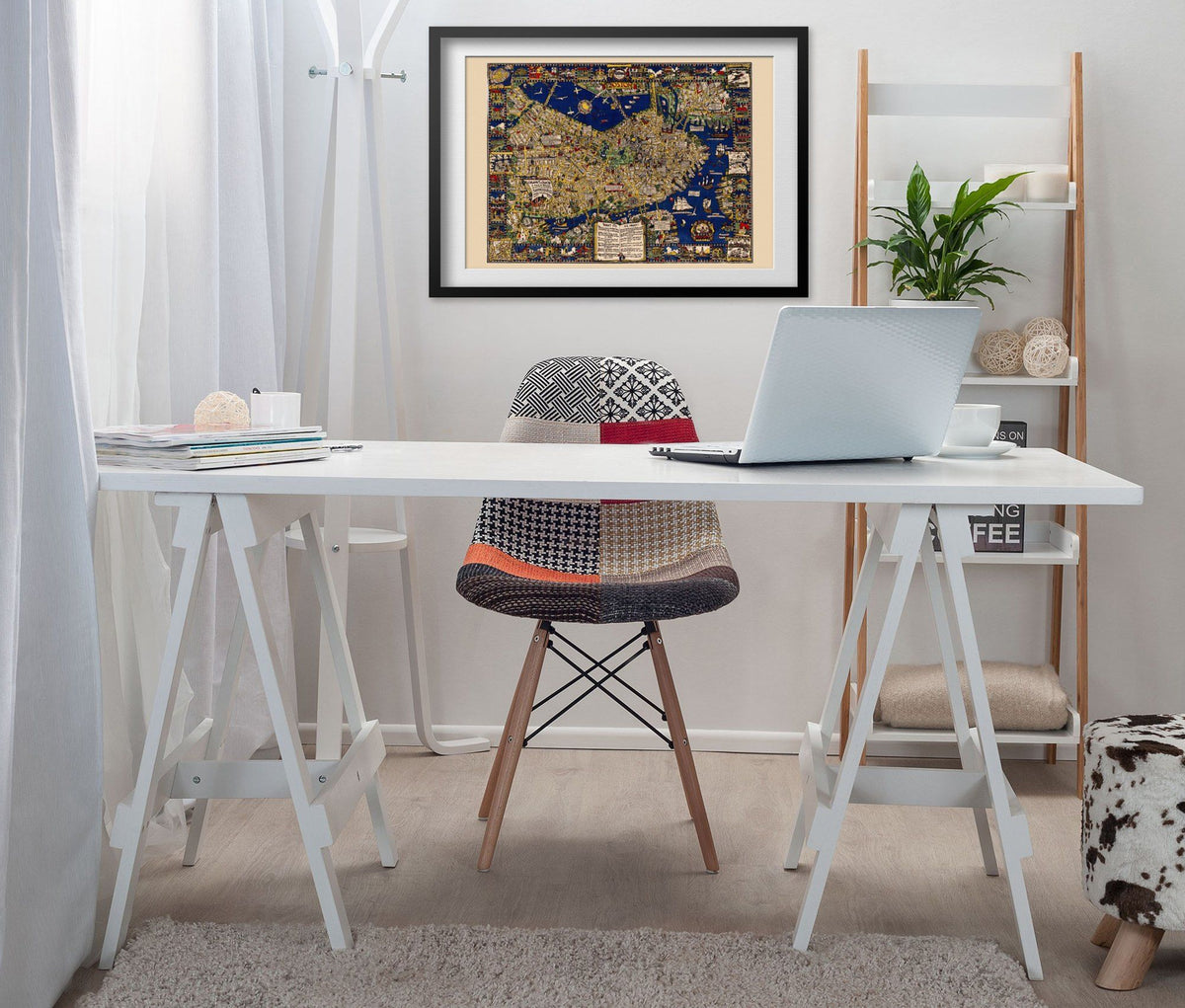 Boston 1920s Pictorial Map print framed above a white desk in a home office