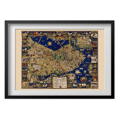 Boston 1920s Pictorial Map print in a black frame with a white mat