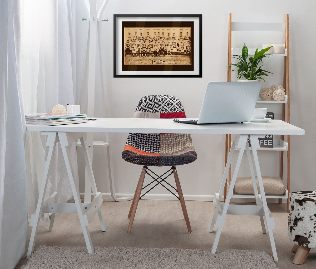 Boston Americans Team Photo poster framed above a white desk in a home office