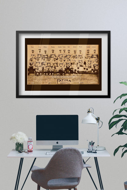 Boston Americans Team Photo poster framed on a grey wall above a desk