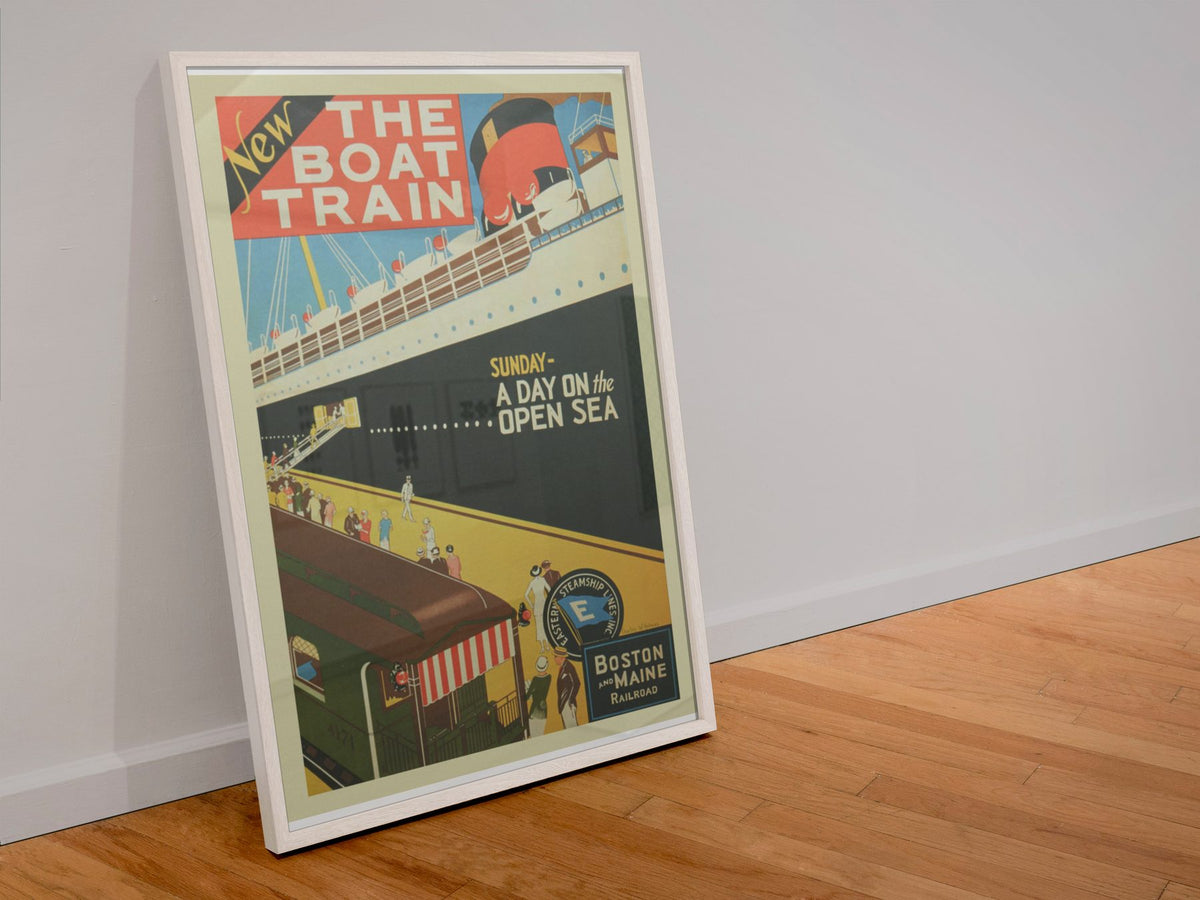 Boston and Maine Boat Train poster in a white frame leaning against a wall