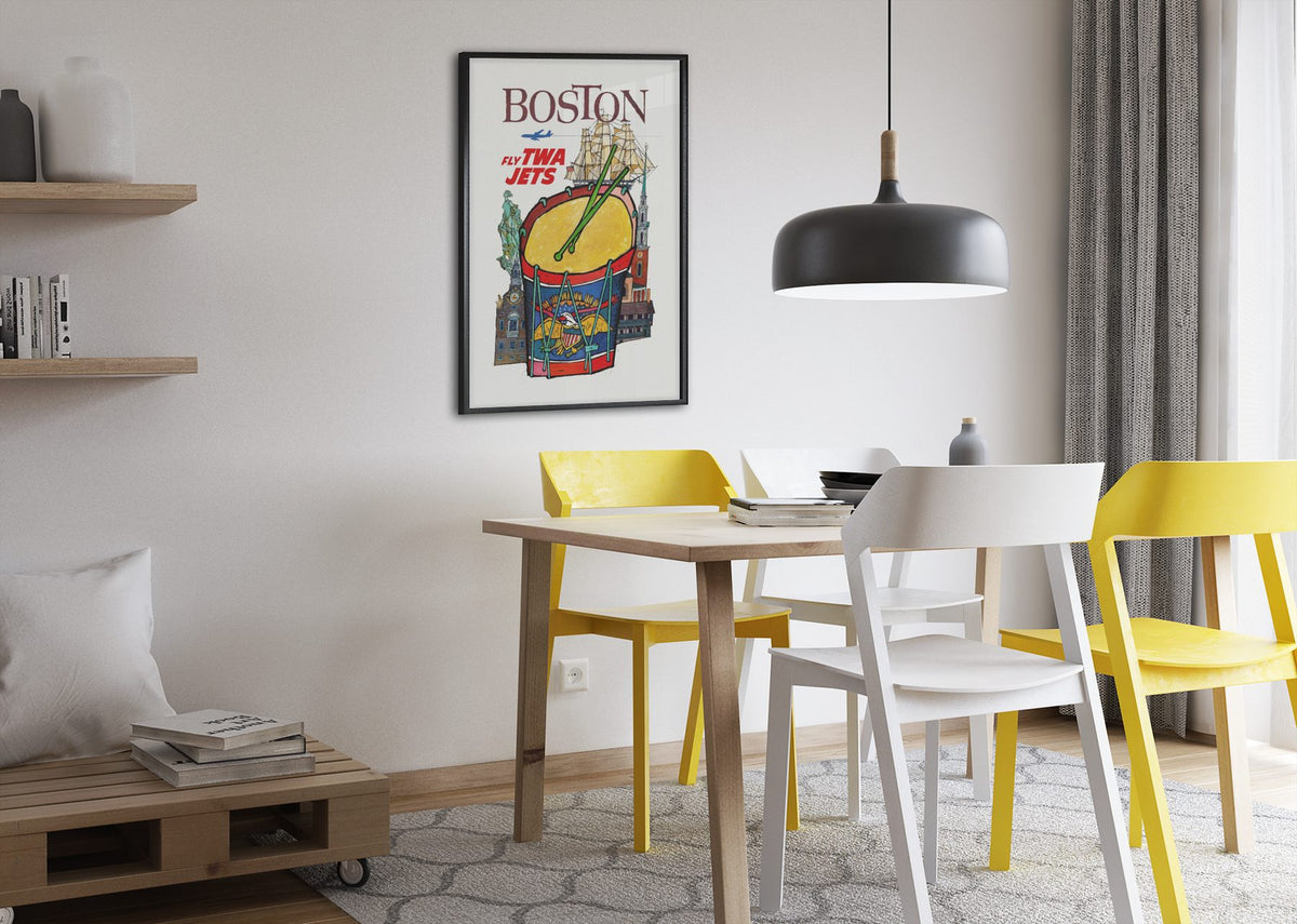 Boston Fly TWA Jets poster framed above a dining table