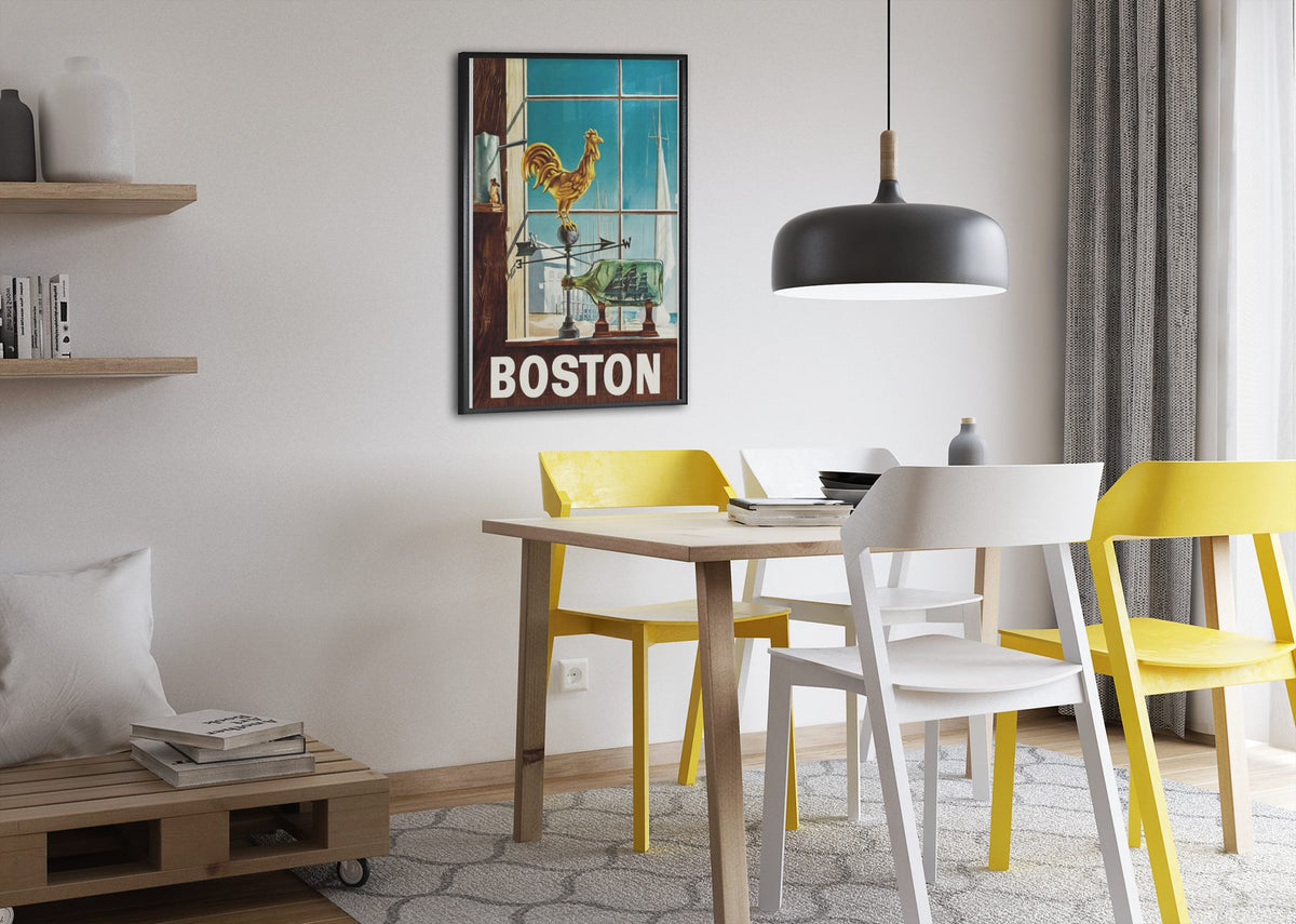Boston Fly TWA poster framed above a dining table