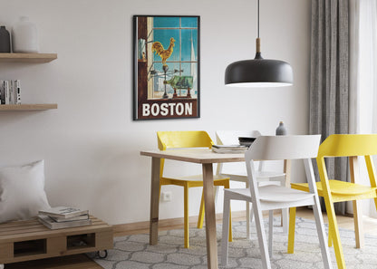 Boston Fly TWA poster framed above a dining table