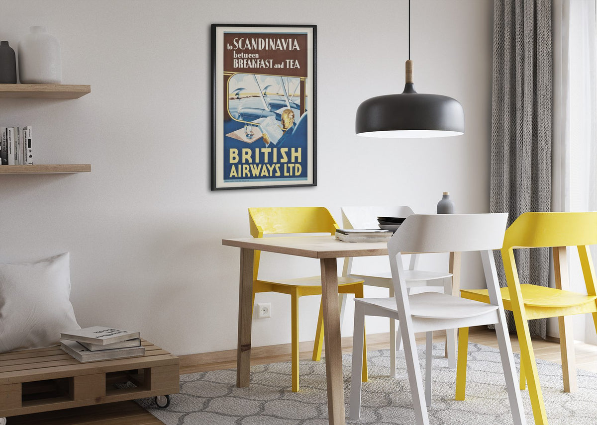 British Airways to Scandinavia poster framed above a dining table