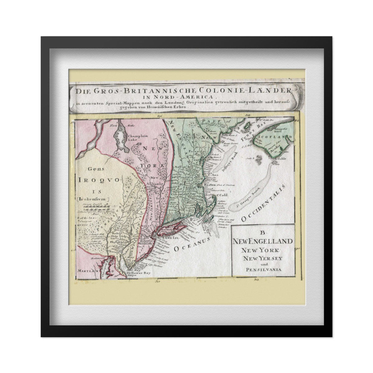British Colonies 1759 German Map print in a black frame with a white mat