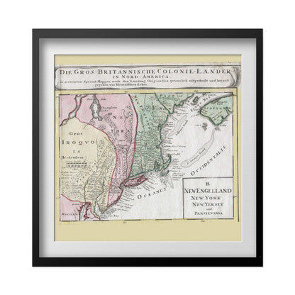 British Colonies 1759 German Map print in a black frame with a white mat
