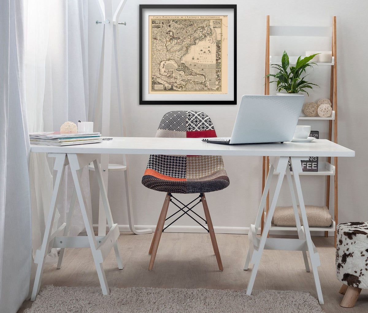 British Colonies in America 1733 Map print framed above a white desk in a home office