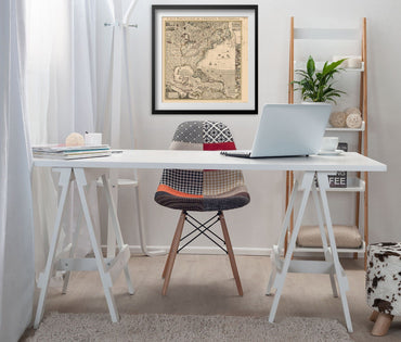 British Colonies in America 1733 Map print framed above a white desk in a home office