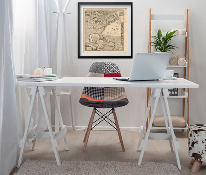 British Colonies in America 1733 Map print framed above a white desk in a home office