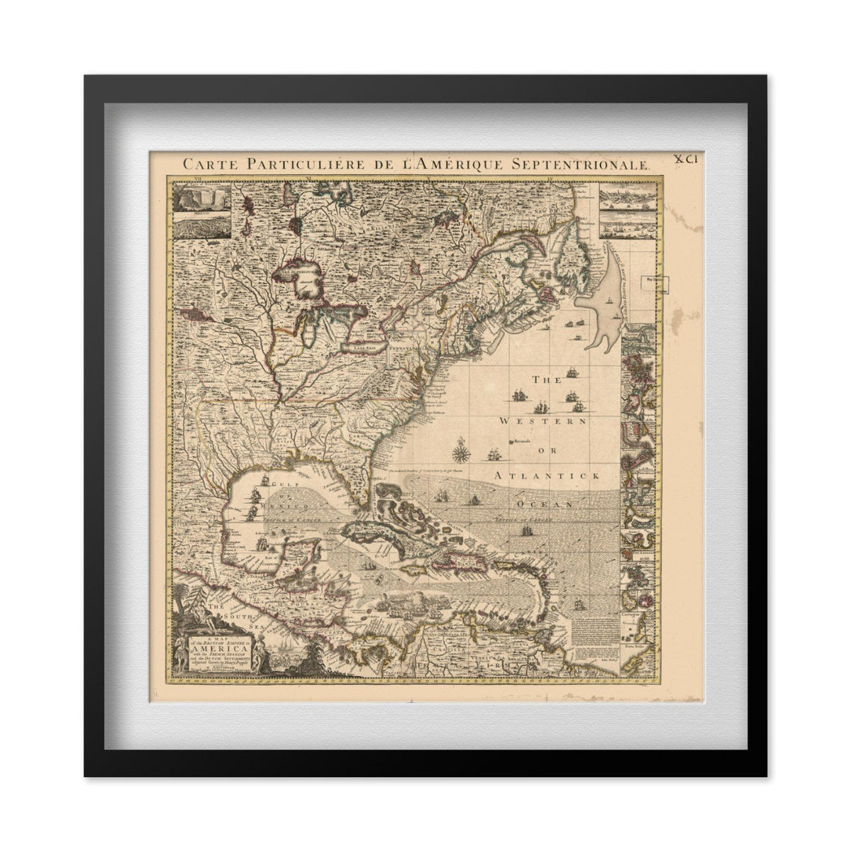 British Colonies in America 1733 Map print in a black frame with a white mat