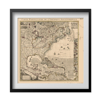 British Colonies in America 1733 Map print in a black frame with a white mat