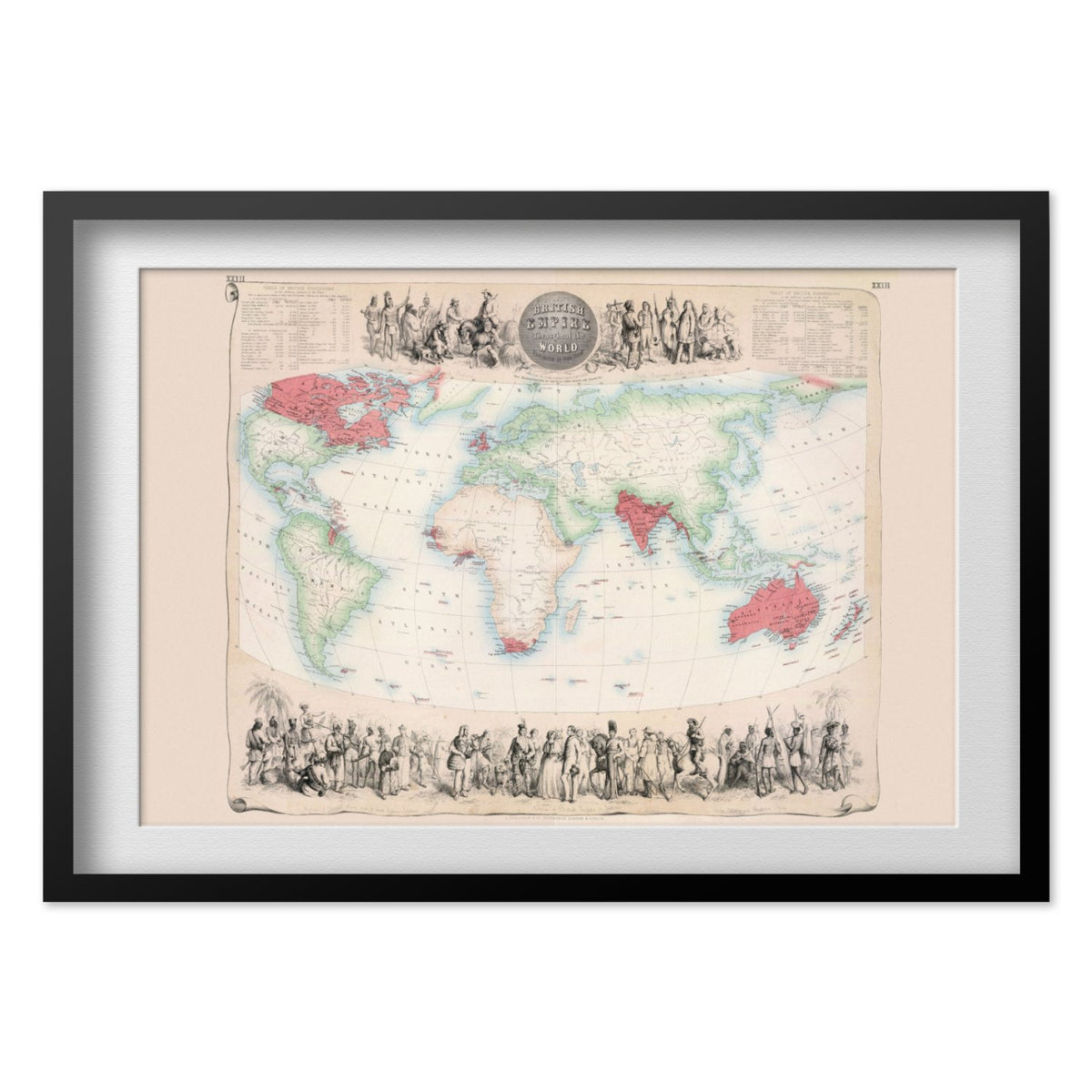 British Empire Throughout the World 1850s print in a black frame