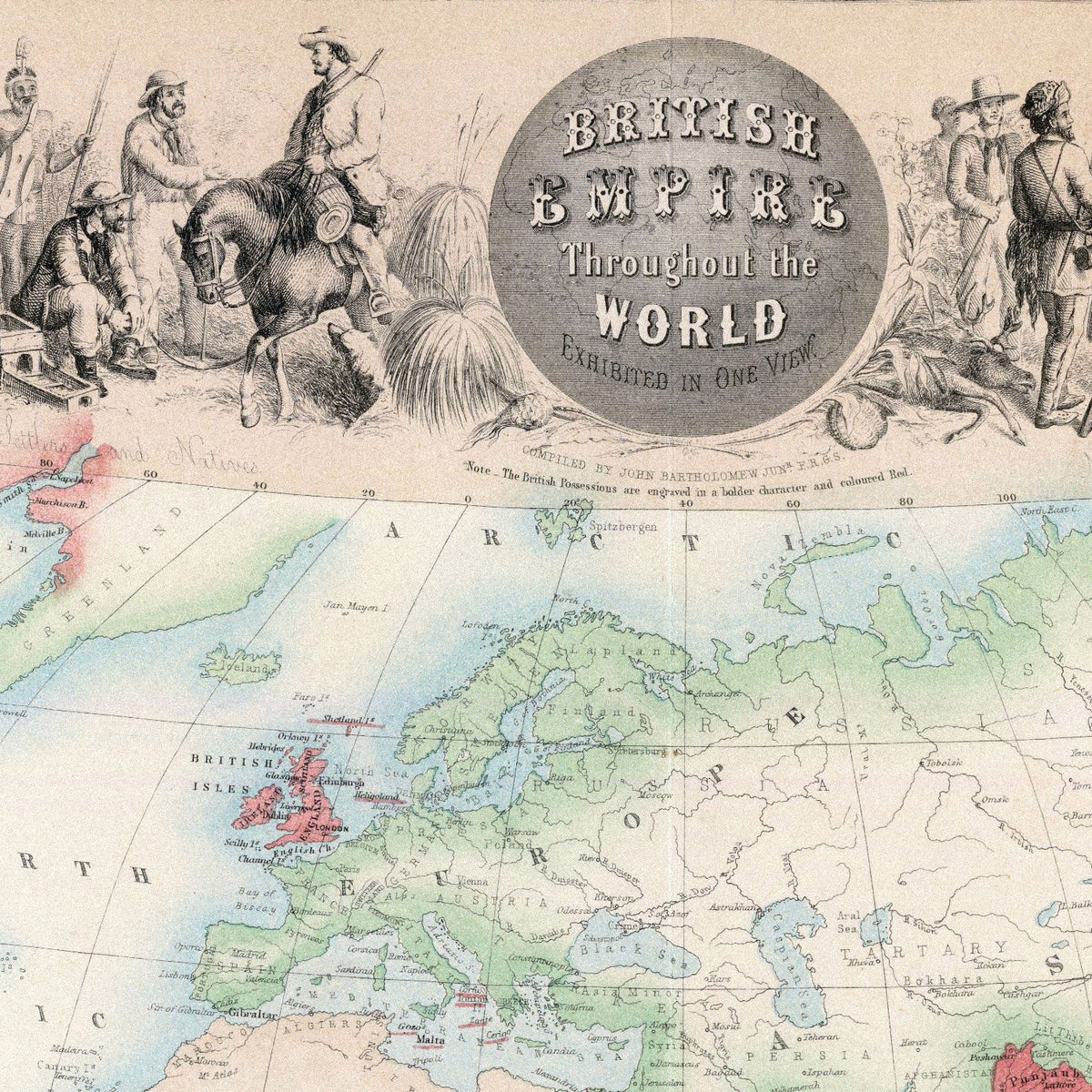 Close-up detail of the British Empire Throughout the World 1850s print