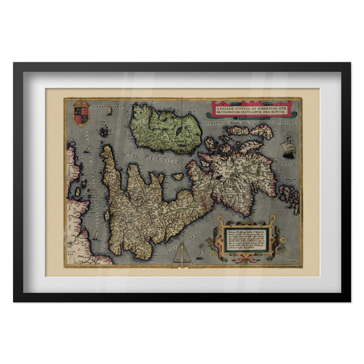 England, Scotland and Ireland 1570 Ortelius Map print in a black frame