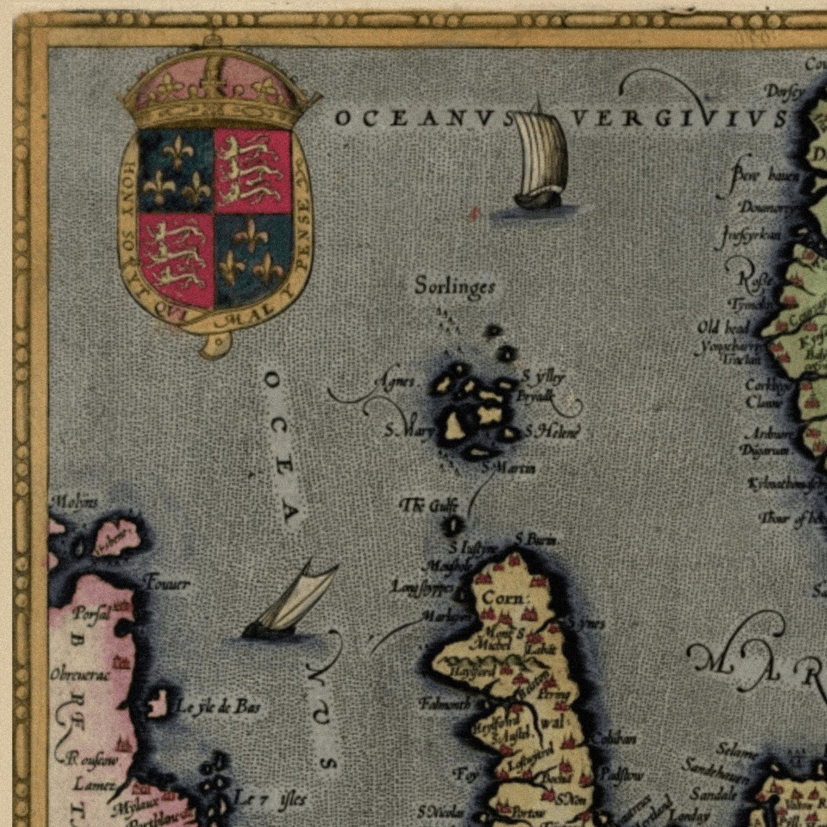 Close-up detail of the England, Scotland and Ireland 1570 Ortelius Map print