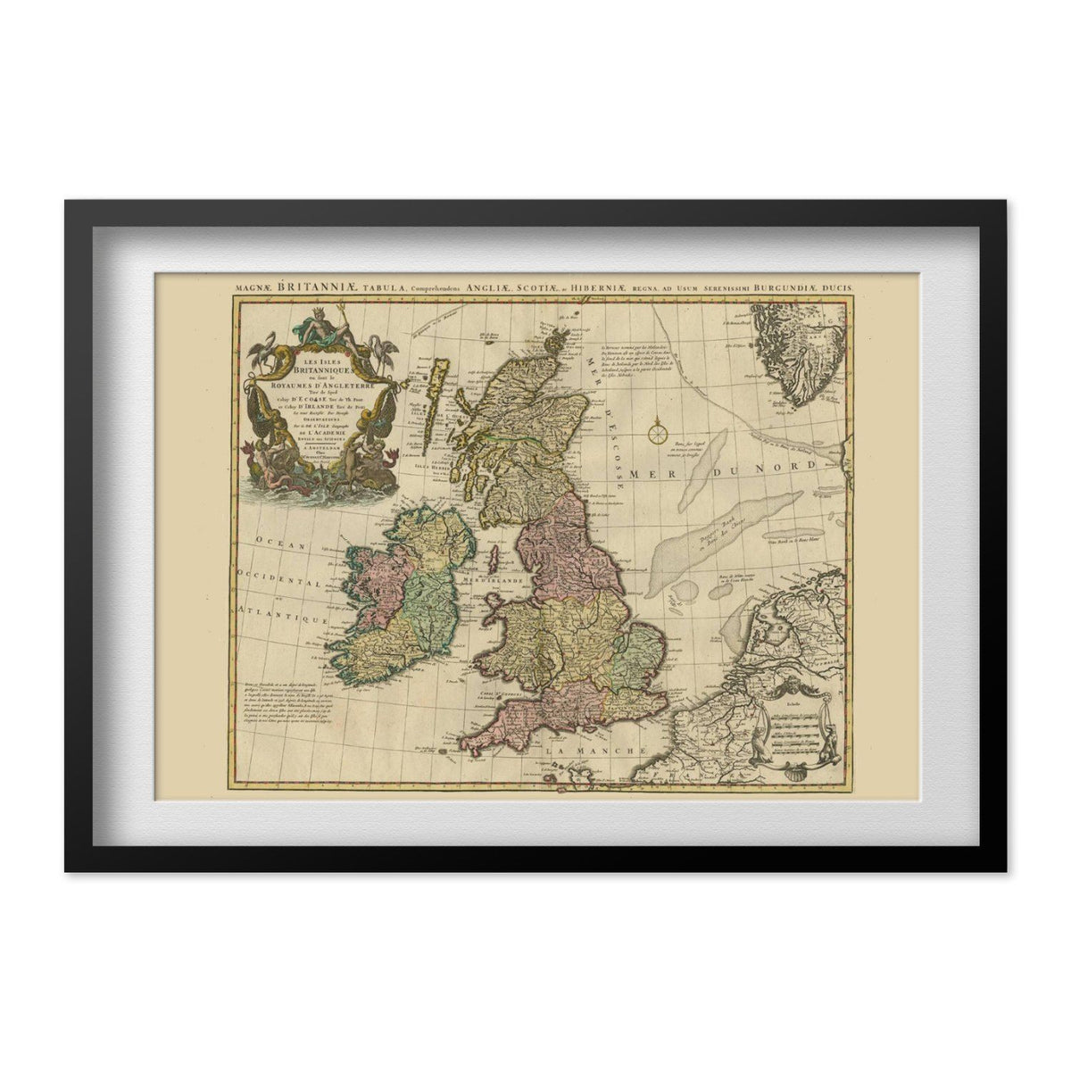 British Isles 1700s Map print in a black frame with a white mat