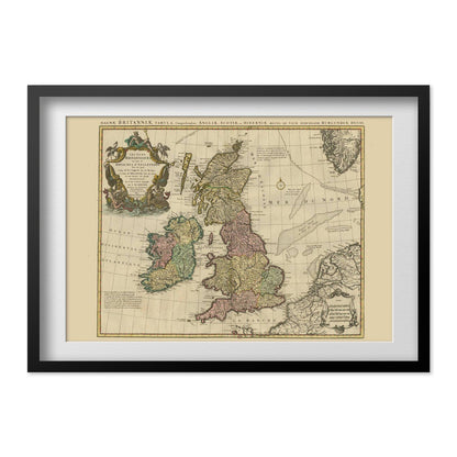 British Isles 1700s Map print in a black frame with a white mat
