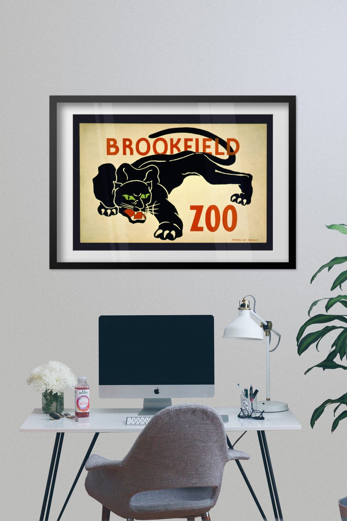 Brookfield Zoo Black Panther poster framed on a grey wall above a desk