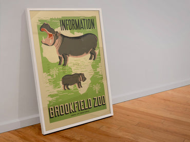 Brookfield Zoo Hippo poster in a white frame leaning against a wall