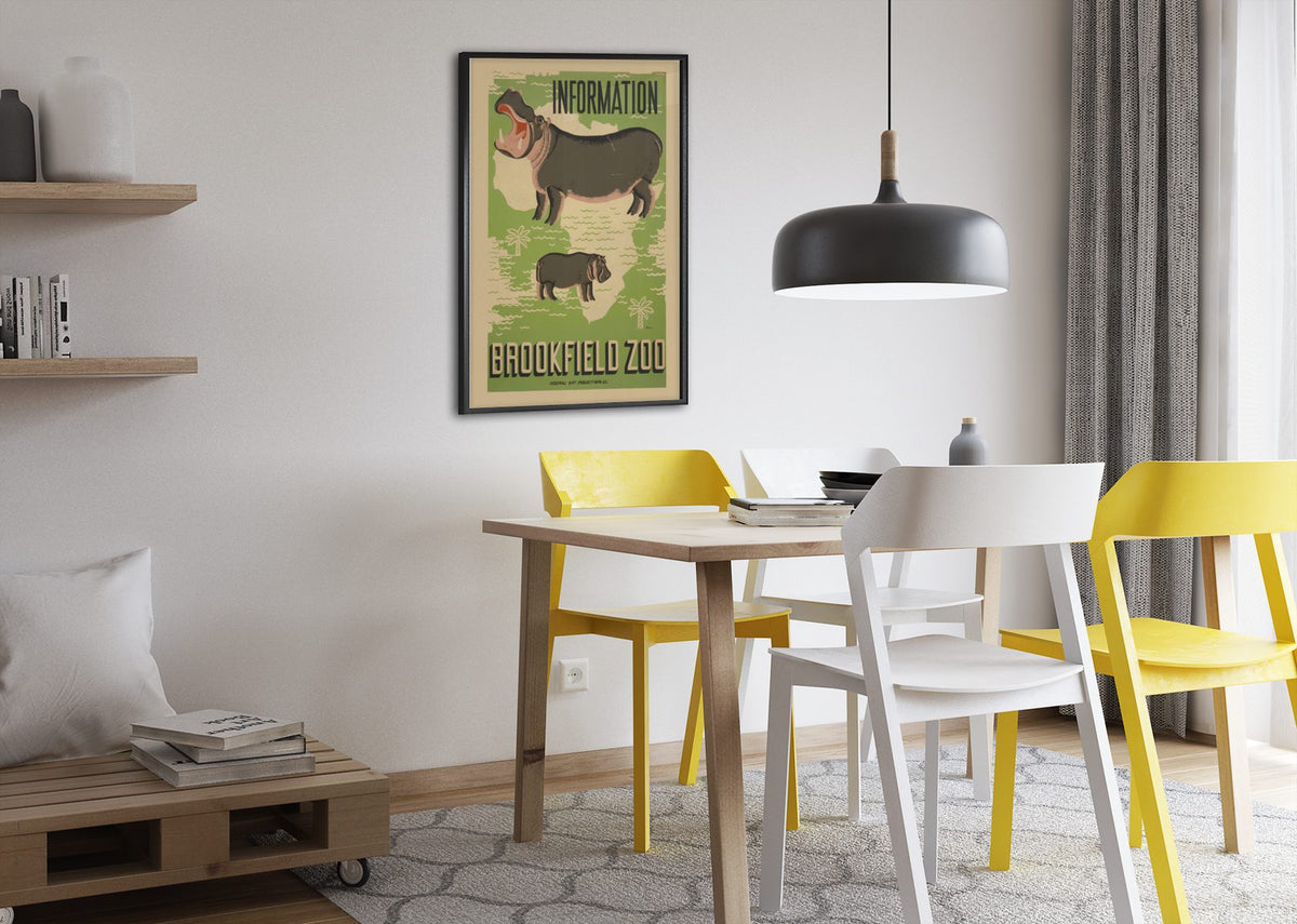 Brookfield Zoo Hippo poster framed above a dining table