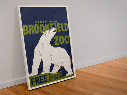 Brookfield Zoo Polar Bear poster in a white frame leaning against a wall