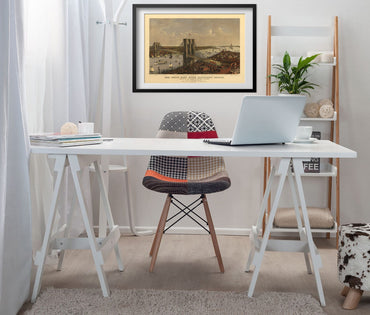 Brooklyn Bridge 1885 Panoramic View framed above a white desk in a home office