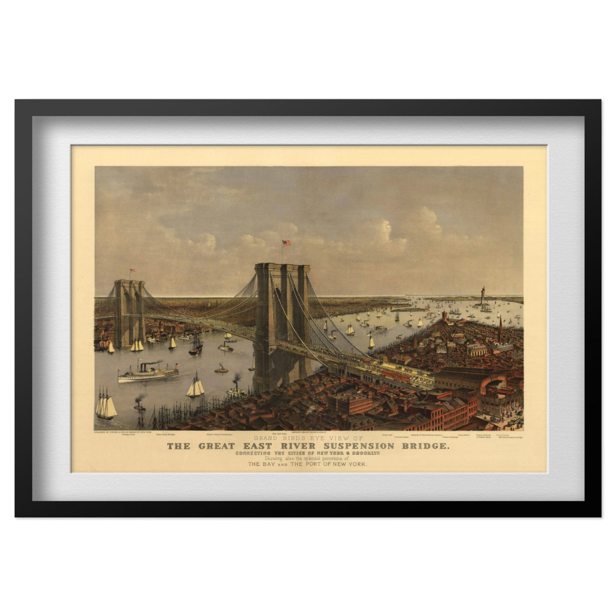 Brooklyn Bridge 1885 Panoramic View print in a black frame
