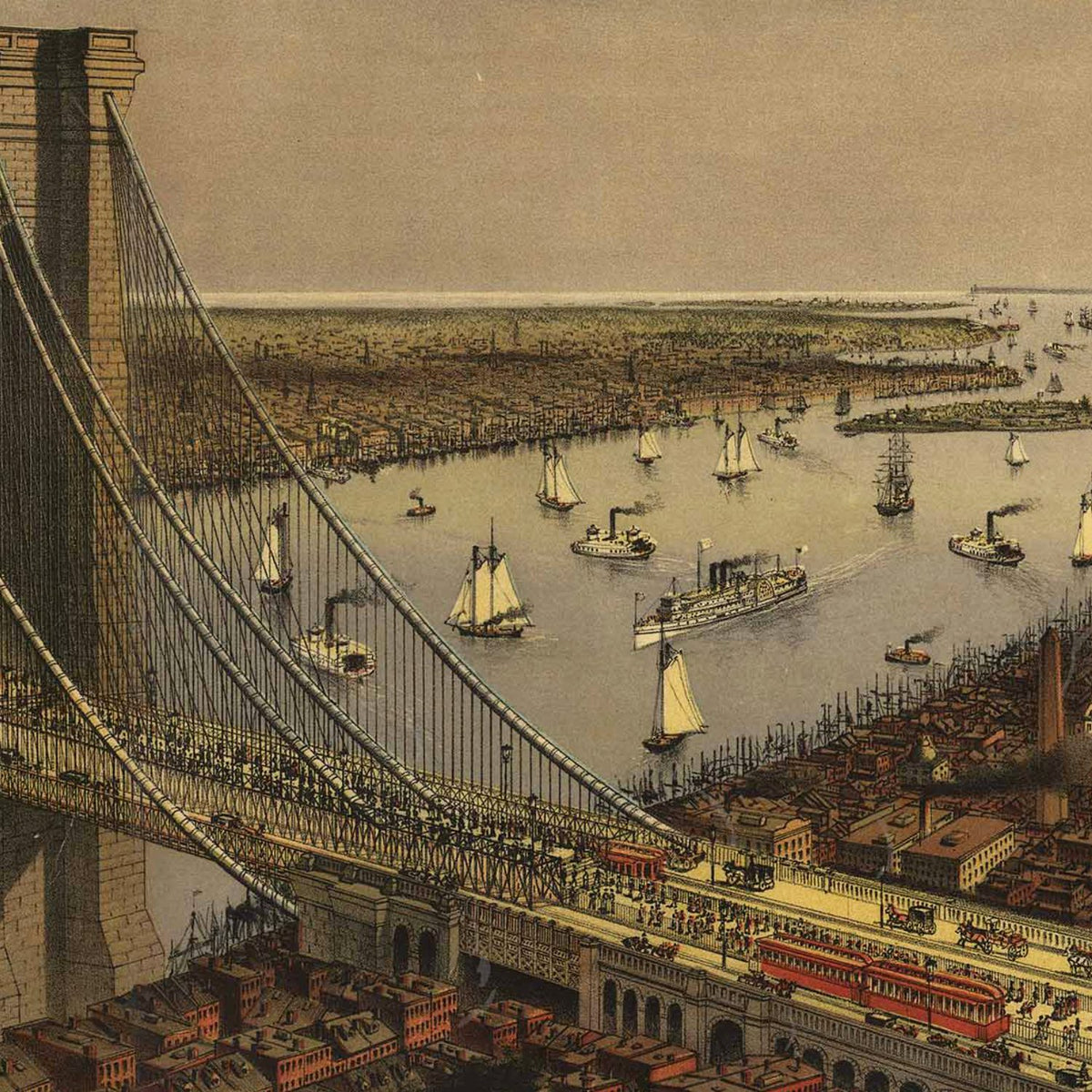 Close-up detail of the Brooklyn Bridge 1885 Panoramic View print