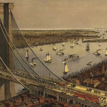 Close-up detail of the Brooklyn Bridge 1885 Panoramic View print