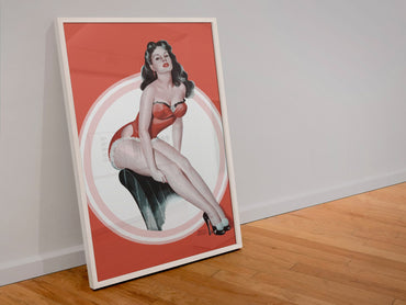 Brunette in Red poster in a white frame leaning against a wall
