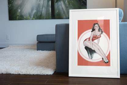 Brunette in Red poster leaning beside a blue sofa