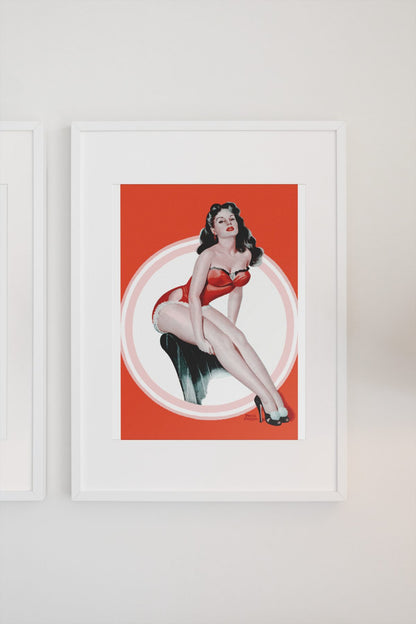Brunette in Red poster on a light wall