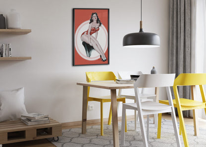 Brunette in Red poster framed above a dining table