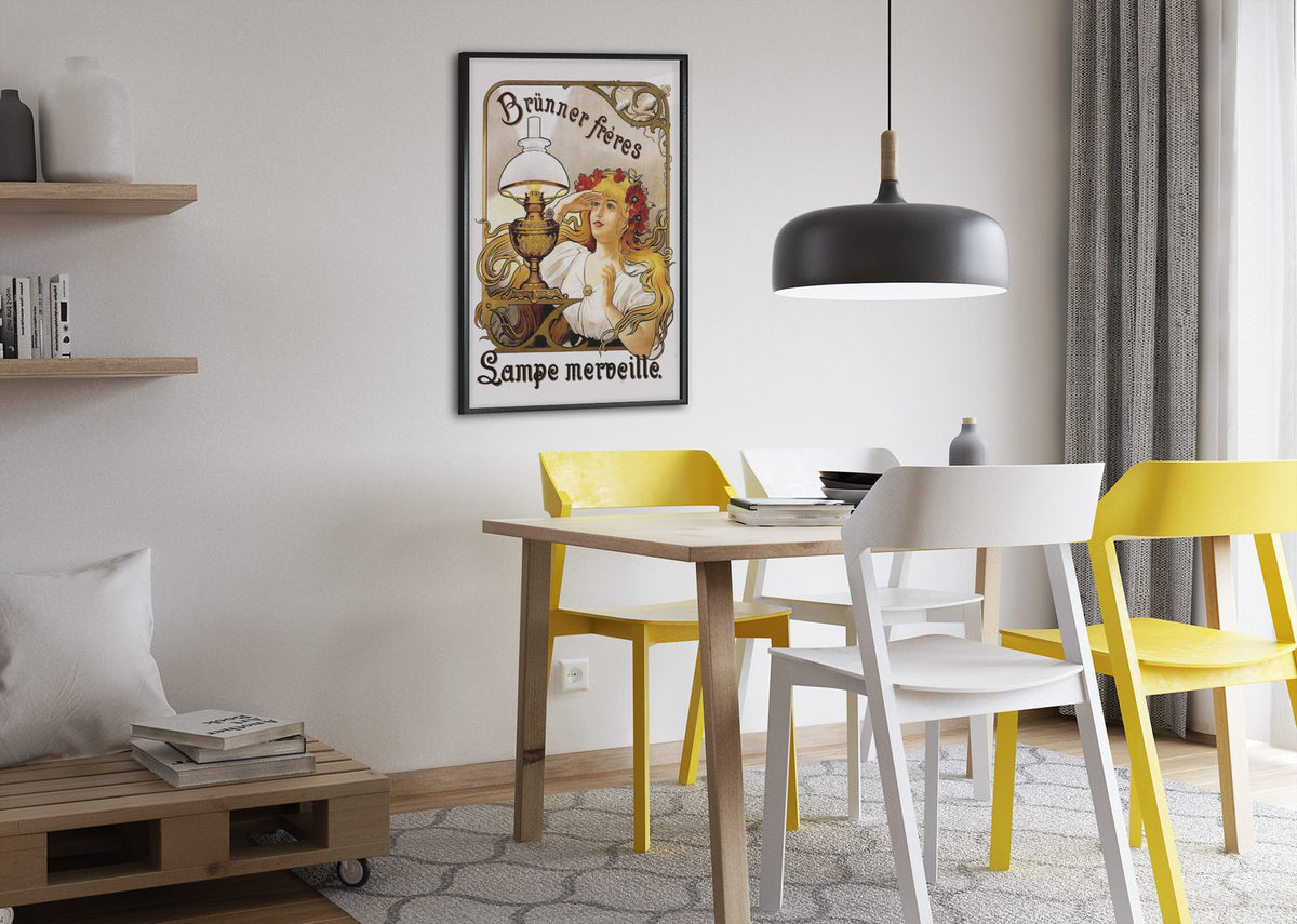 Brunner Freres Lamps poster framed above a dining table