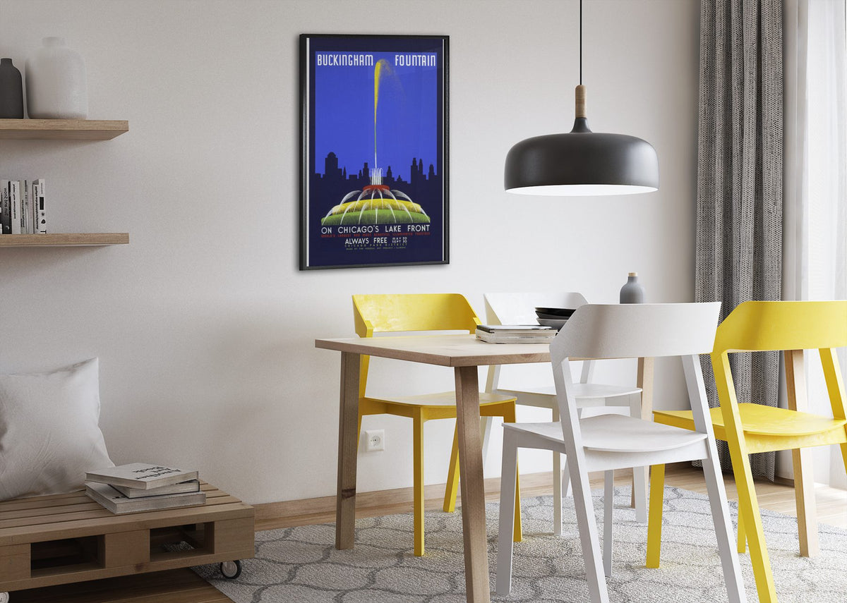 Buckingham Fountain Chicago poster framed above a dining table