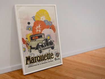 Buick Marquette poster in a white frame leaning against a wall