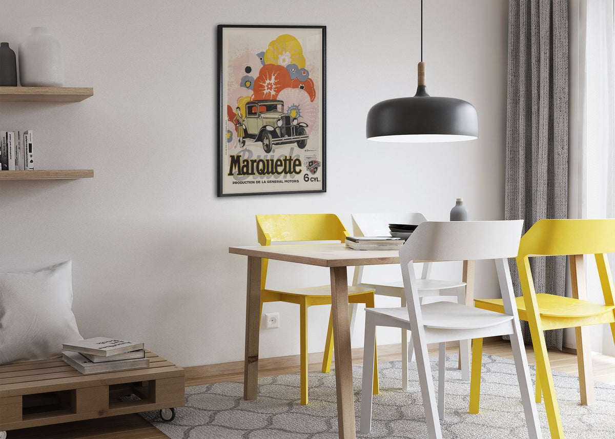 Buick Marquette poster framed above a dining table