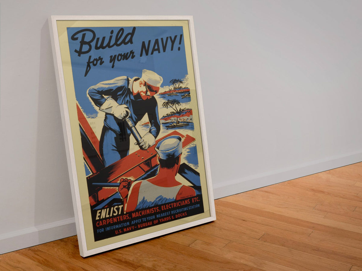 Build for Your Navy — Seabees poster in a white frame leaning against a wall