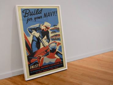 Build for Your Navy — Seabees poster in a white frame leaning against a wall