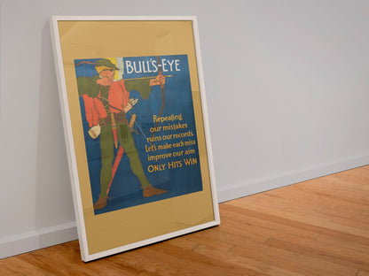 Bull’s-Eye poster in a white frame leaning against a wall