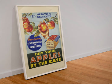 Buy Apples by the Case 1935 poster in a white frame leaning against a wall