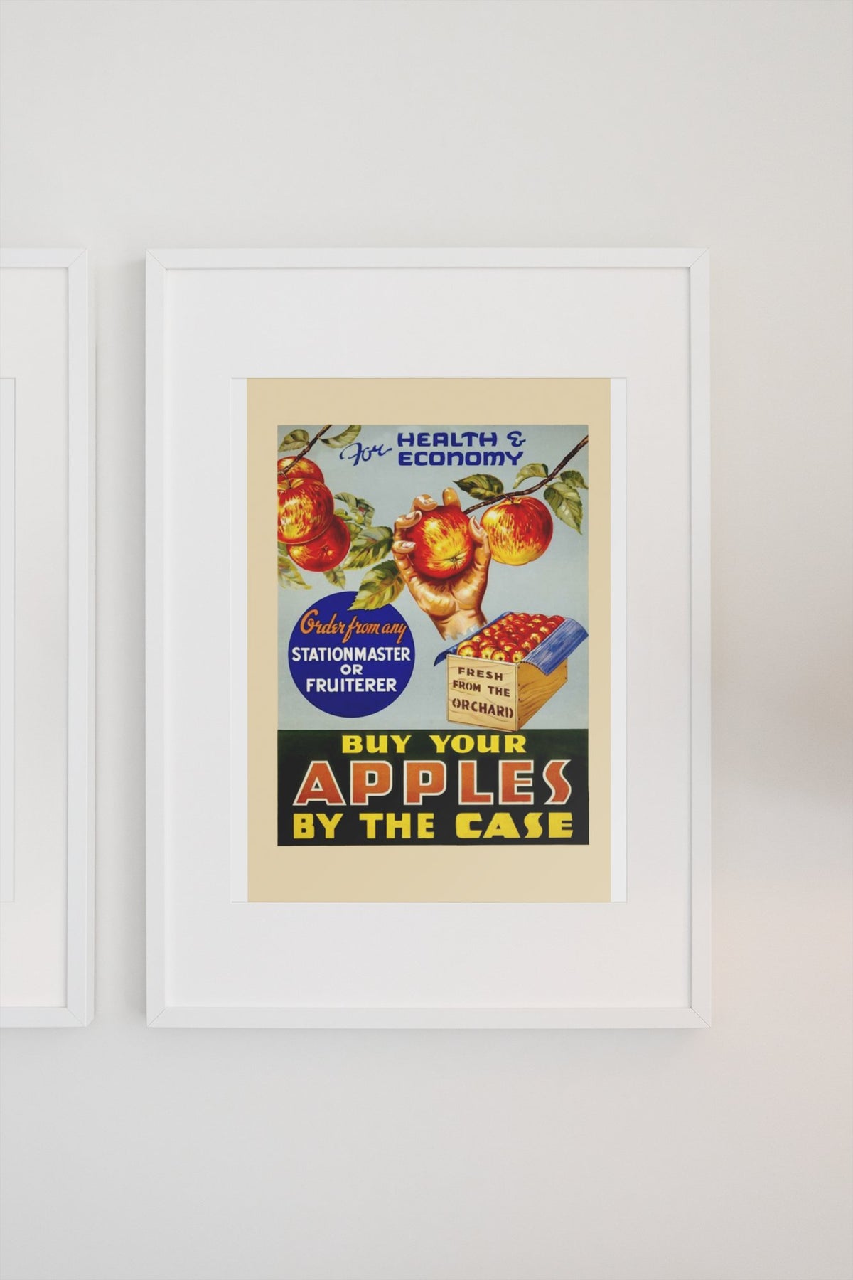 Buy Apples by the Case 1935 poster in a white frame on a light wall