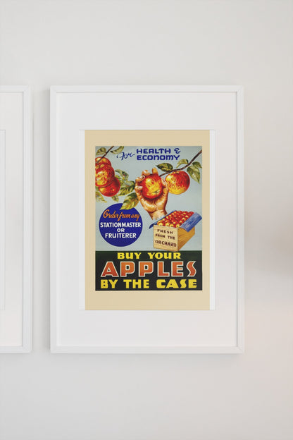 Buy Apples by the Case 1935 poster in a white frame on a light wall
