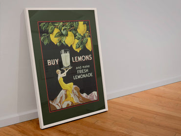 Buy Lemons 1920s lemonade poster in a white frame leaning against a wall