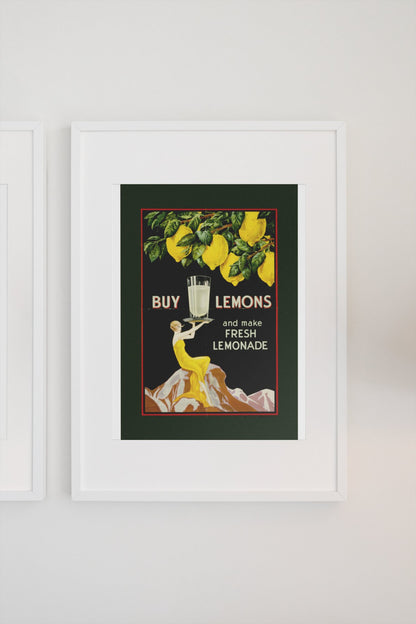 Buy Lemons 1920s lemonade poster in a white frame on a light wall