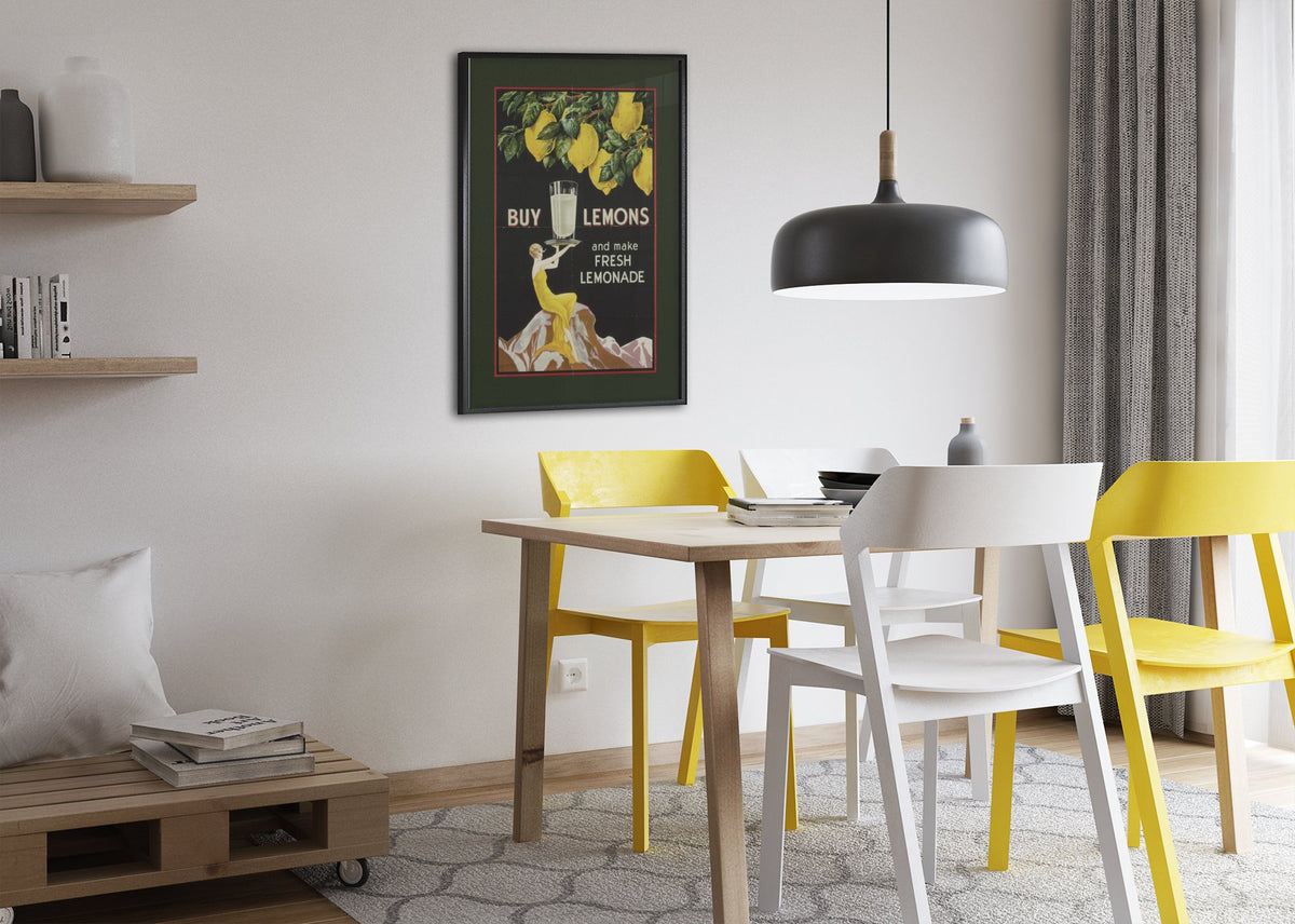 Buy Lemons 1920s lemonade poster framed above a dining table