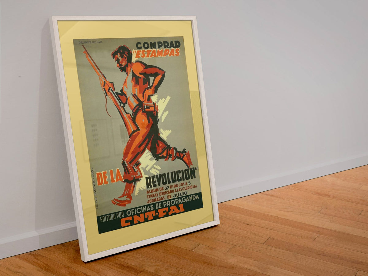 Buy Prints of the Revolution CNT FAI poster in a white frame leaning against a wall