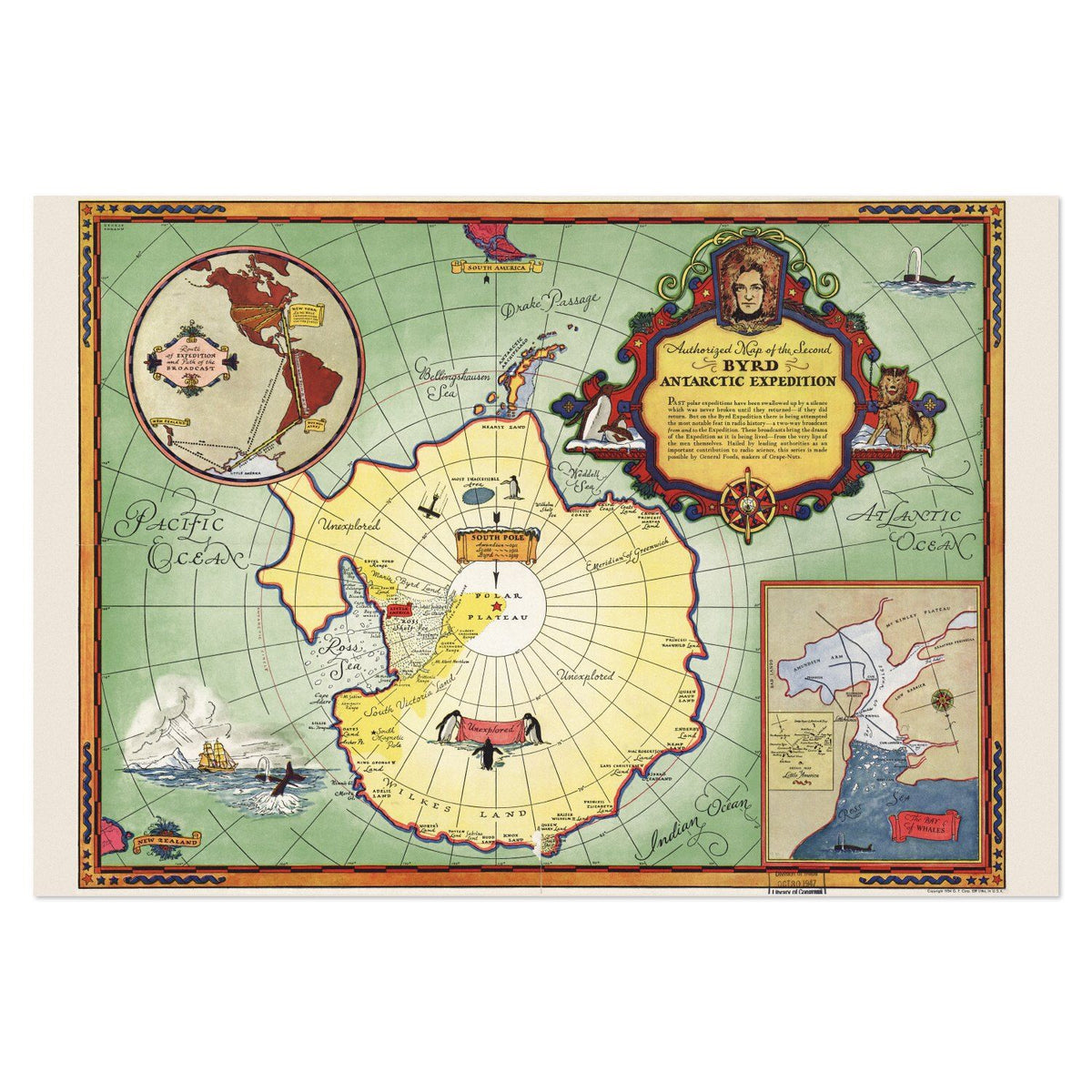 Byrd Antarctic Expedition 1930s Map vintage print